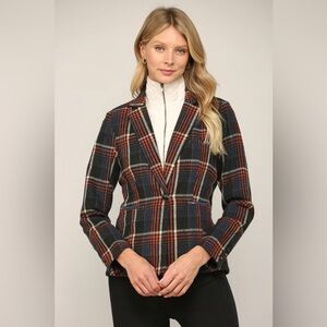 Fate Plaid Notch-Lapel Blazer in Navy & Rust